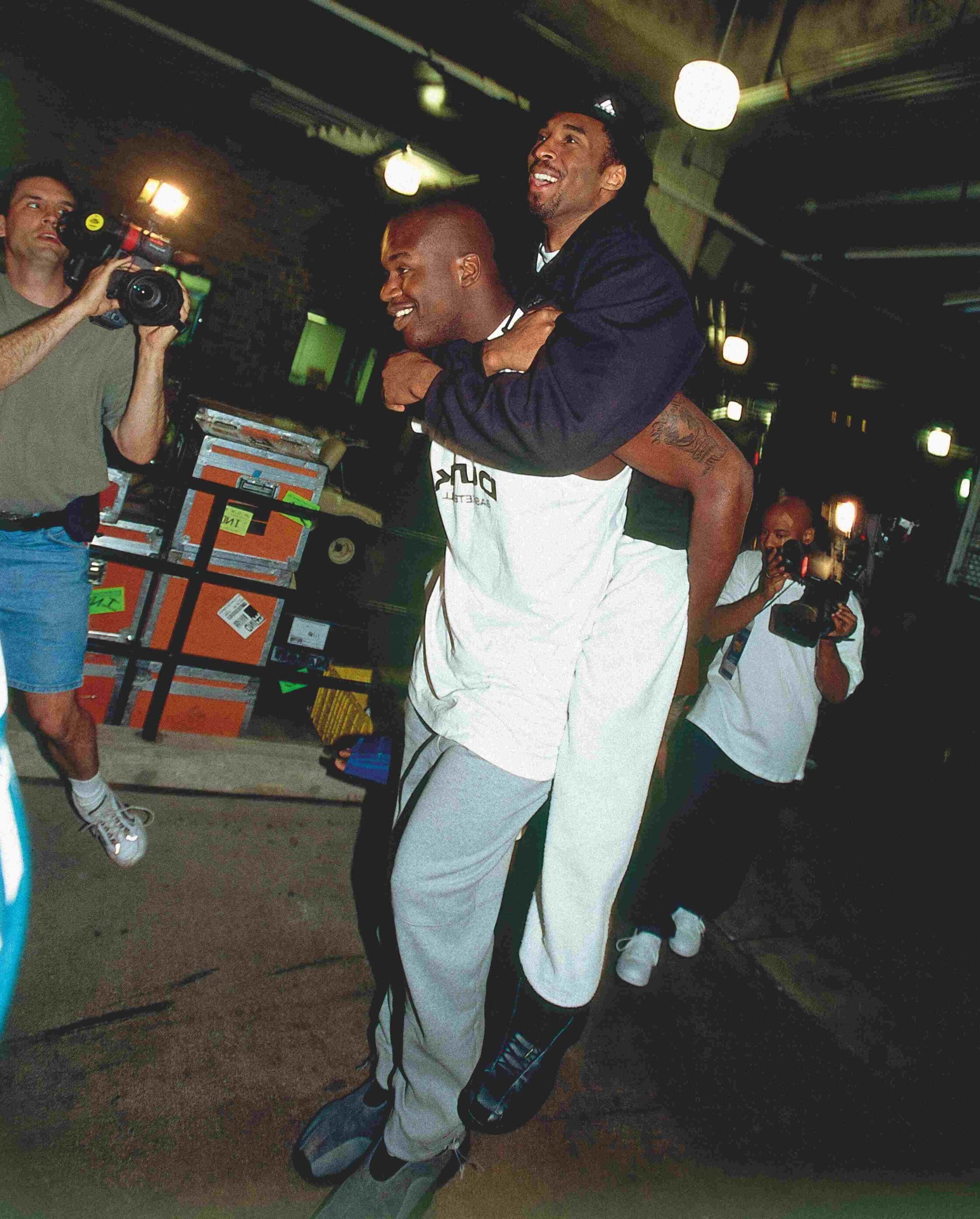 Shaquille O'Neal #34 and Kobe Bryant #8 of the Los Angeles Lakers