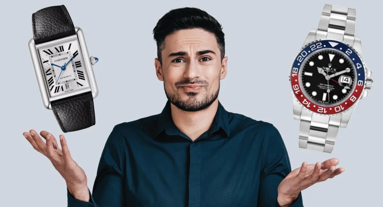 Man confused with Cartier Tank and Rolex GMT MAster Pepsi