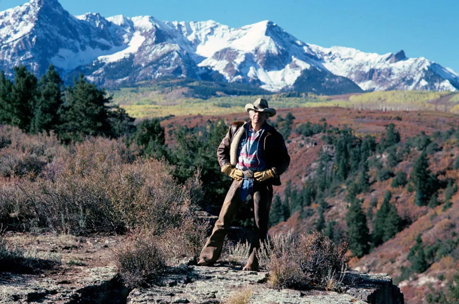 Ralph Lauren on his Double RL ranch in Colorado, 1985.