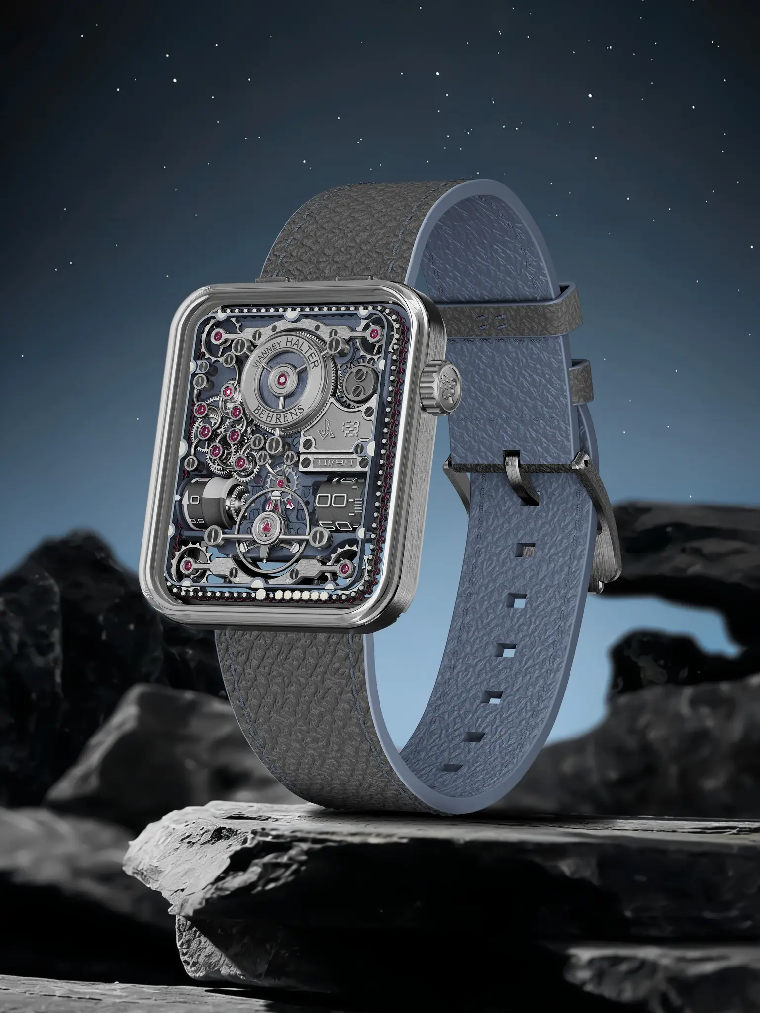Luxurious square watch with exposed gears and red jewels, strapped to a textured gray band against a starry night backdrop.