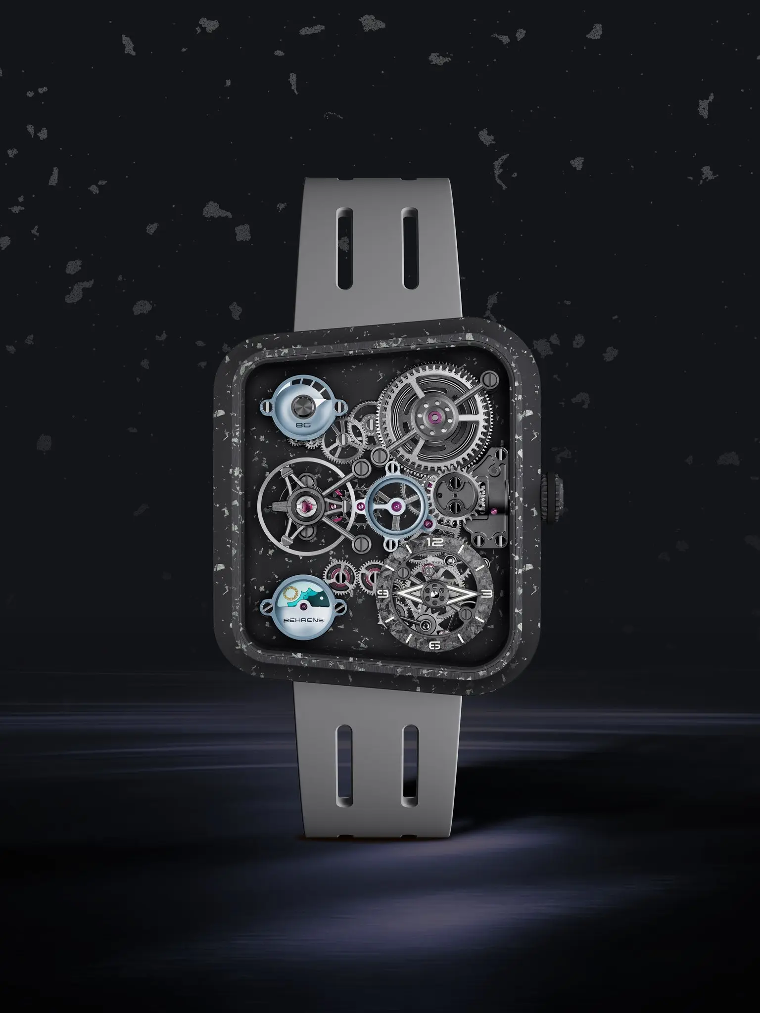 Skeleton smartwatch with exposed gears inside a square, distressed metal case and gray strap against a dark background.