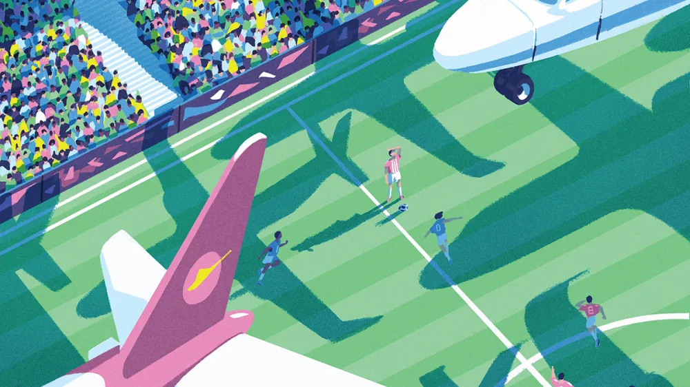 Aerial illustration of a soccer match on a bright green field with a large passenger plane in the foreground and a packed stadium in the background.