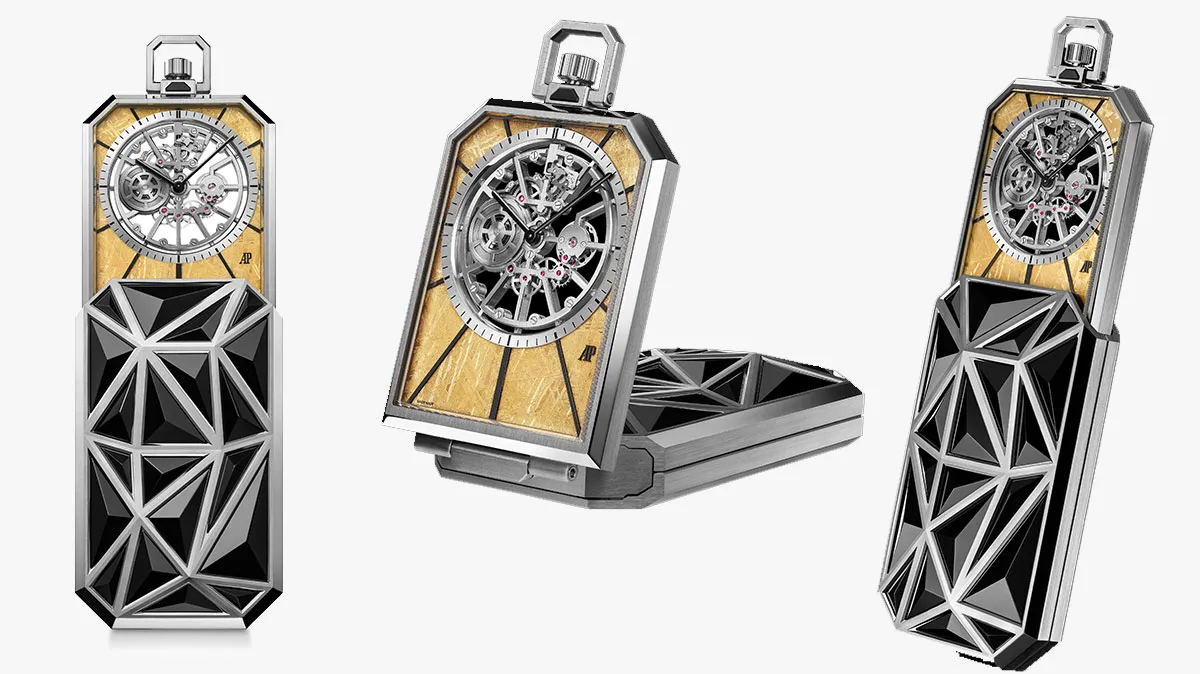 Three views of a skeleton-pocket watch on a faceted black geometric pedestal, gold inner dial visible on each angle.