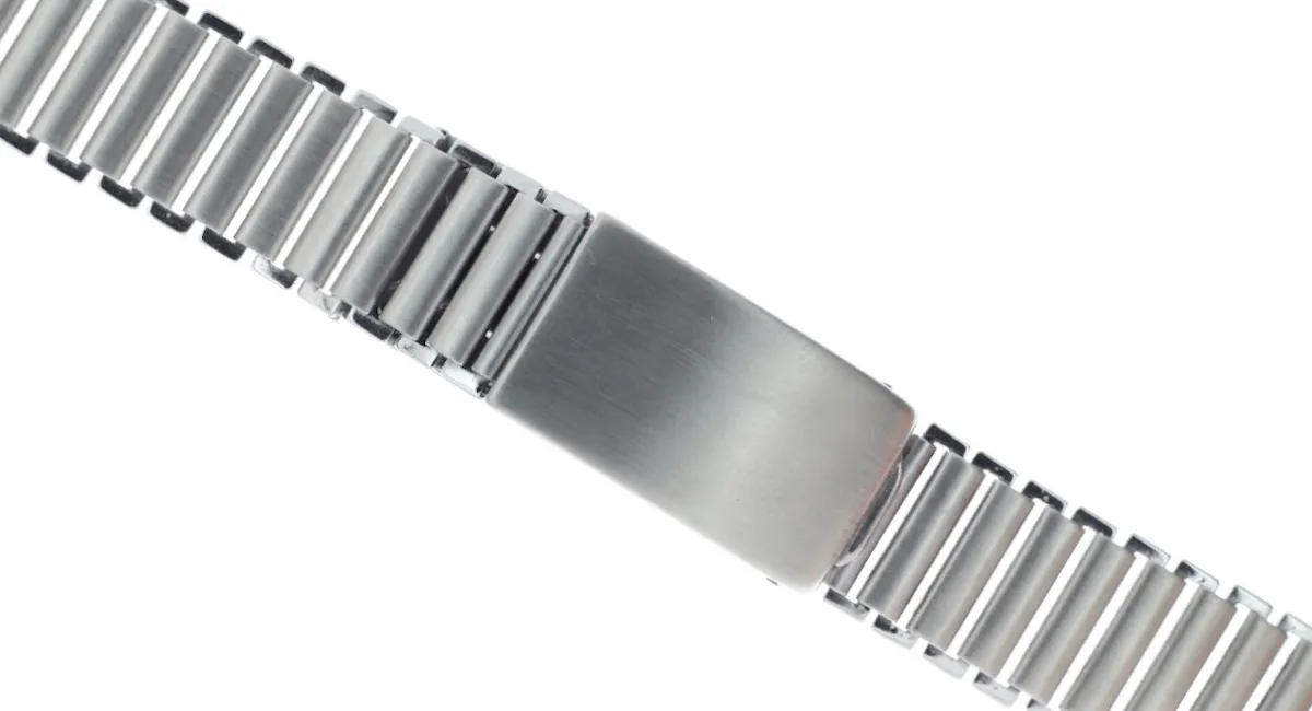 Close-up of a silver stainless steel watch band with a brushed deployment clasp, viewed diagonally.