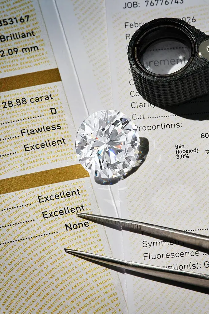 Diamond being inspected with a loupe over a gemology report showing 'Flawless' and 'Excellent' ratings.