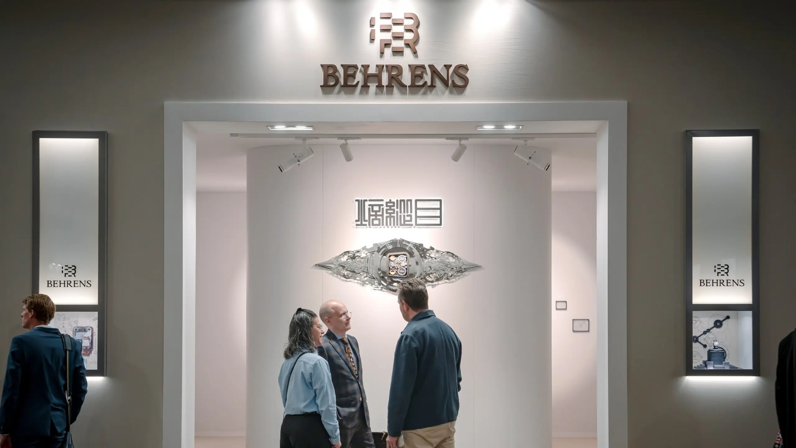 Behrens showroom display with a central metallic machine model and four people conversing nearby.