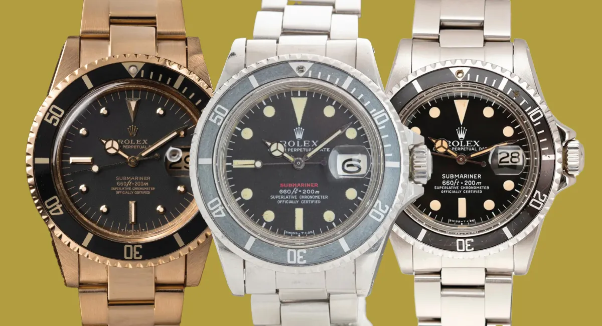Three Rolex Submariner watches with metal bracelets on a mustard background; left gold-toned, center silver, right silver with black dials and date windows, all with rotating bezels.