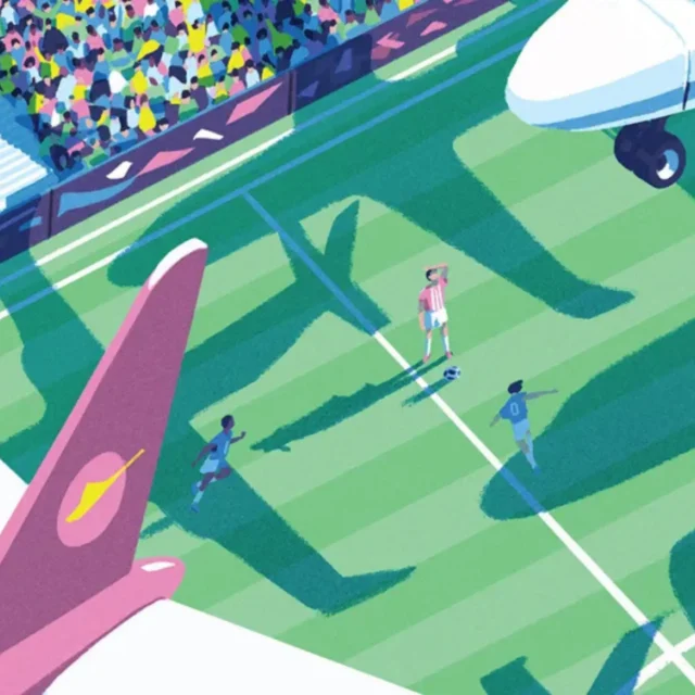 Aerial illustration of a soccer match on a bright green field with a large passenger plane in the foreground and a packed stadium in the background.