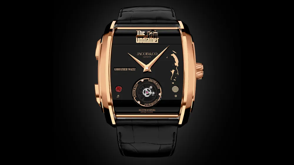 Luxurious square gold wristwatch with a black dial, The Godfather branding, and a black leather strap.