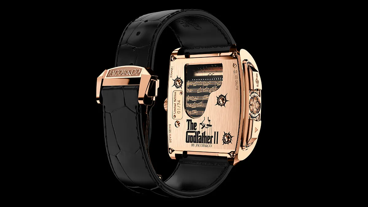 Back view of a rose-gold Jacob & Co. The Godfather II watch with a black leather strap and engraved case.