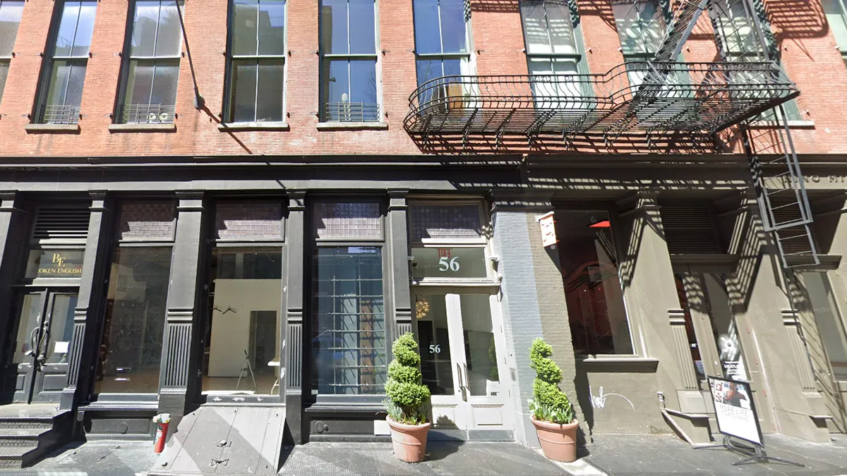 Street view of a row of storefronts: brick upper floors, large black-framed ground-floor windows, a white door marked 56, two potted topiary plants, and a metal fire escape casting shadows above.