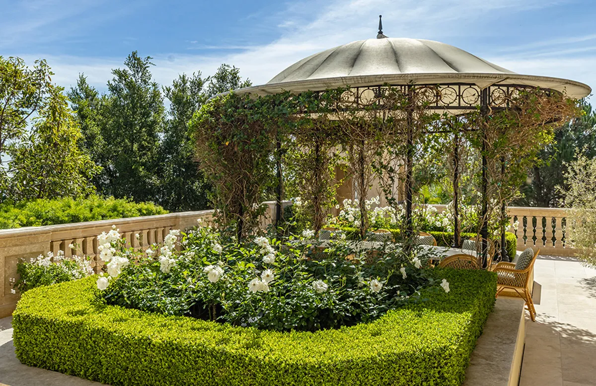 Circular gazebo with ivy-draped iron arches, surrounded by white roses and a neatly trimmed hedge on a sunny terrace