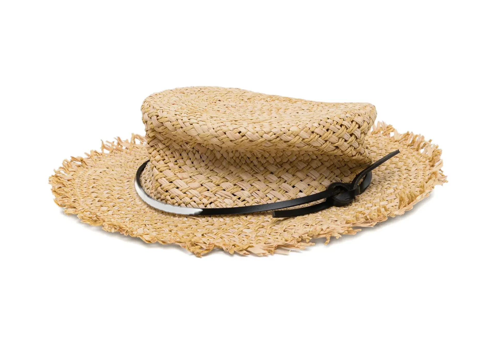 Stacked woven straw hats with frayed edges and a black cord on a white background, beachy and casual look.