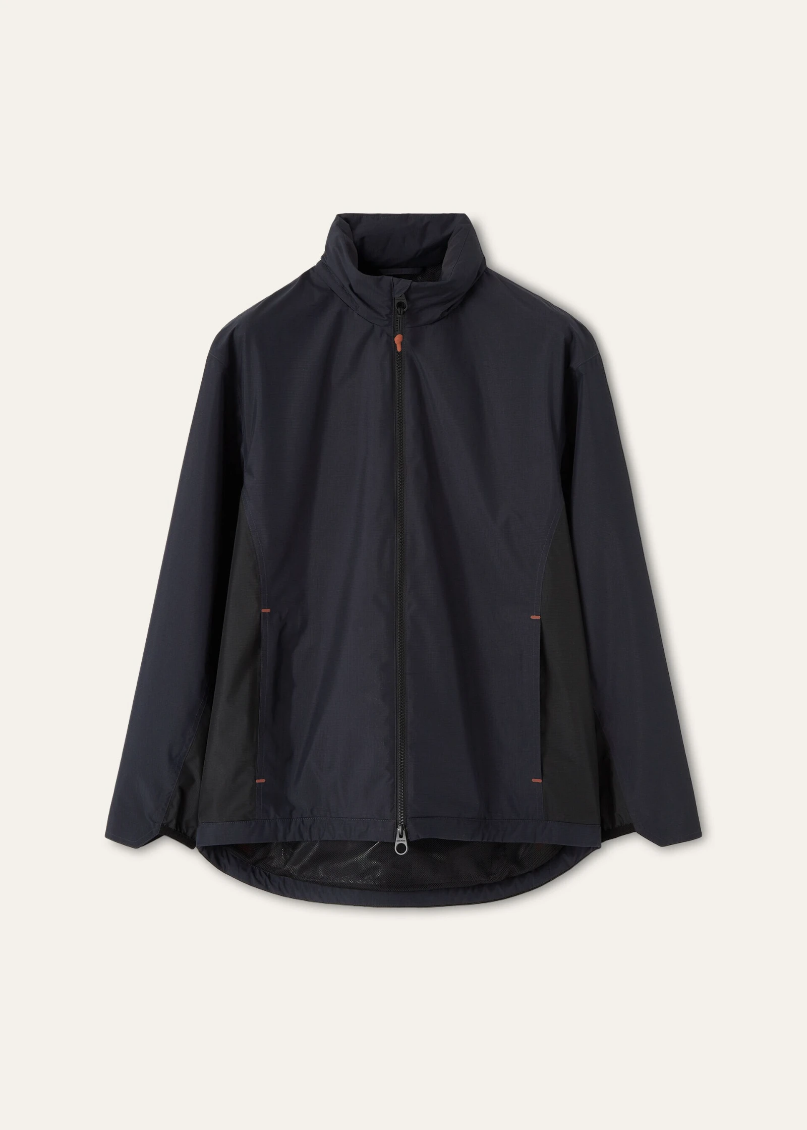 Dark navy lightweight zip-up jacket with high collar, front zipper, and subtle color-block panels on sides; curved hem at bottom.