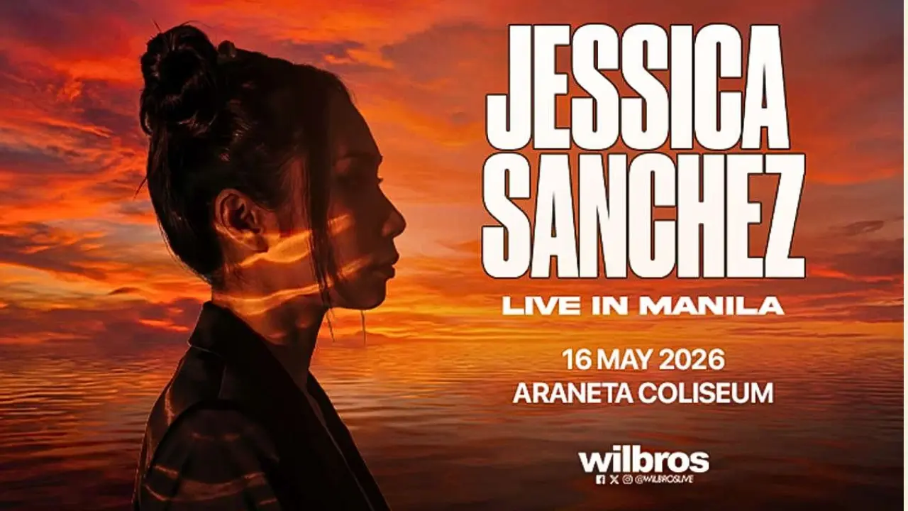 Promotional poster for Jessica Sanchez concert in Manila: silhouette of a woman against a sunset with bold white text detailing the event date and venue (16 May 2026, Araneta Coliseum).