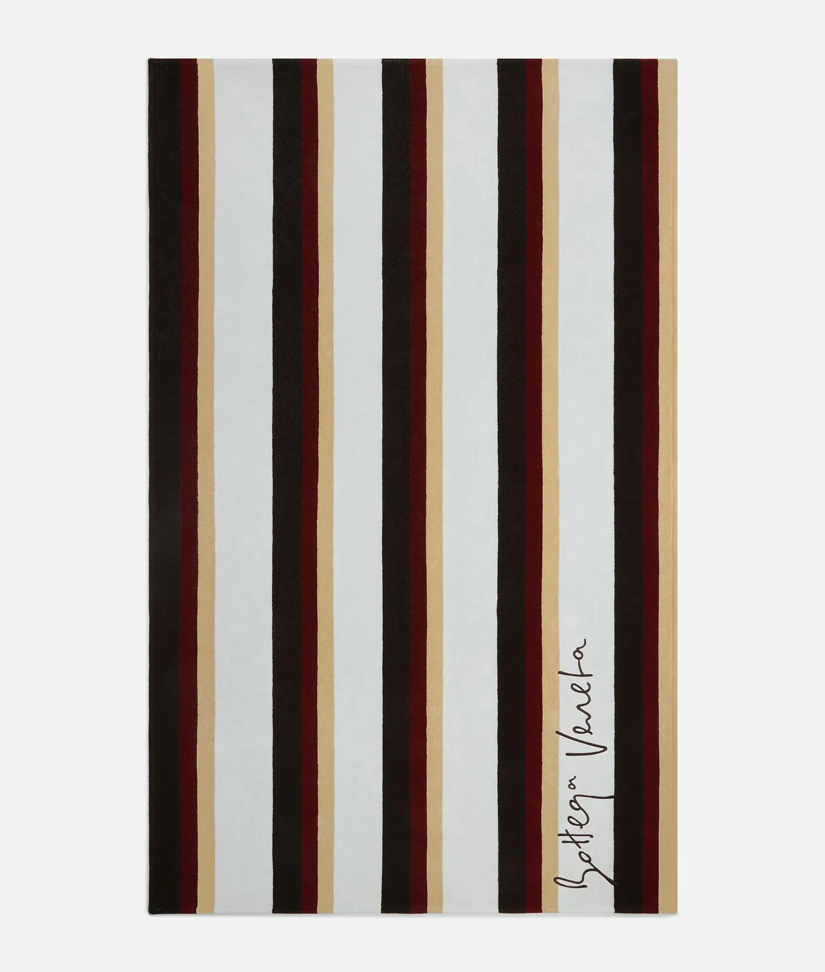 Vertical-striped abstract painting with alternating black, white, burgundy, and gold bands; artist's signature along the right edge.