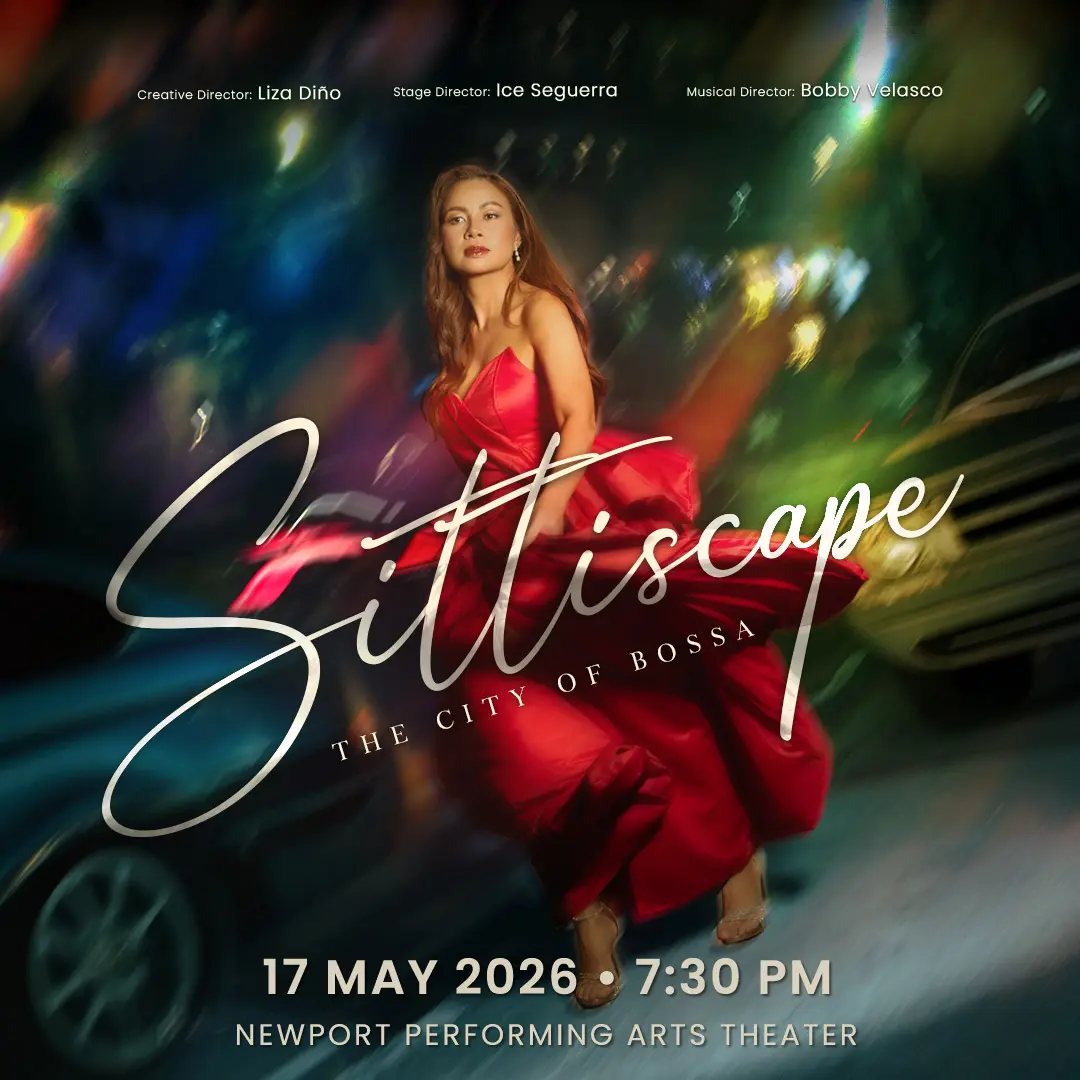 Promotional poster featuring a woman in a red gown dancing against a blurred city-night background, with the show title and date across the image.