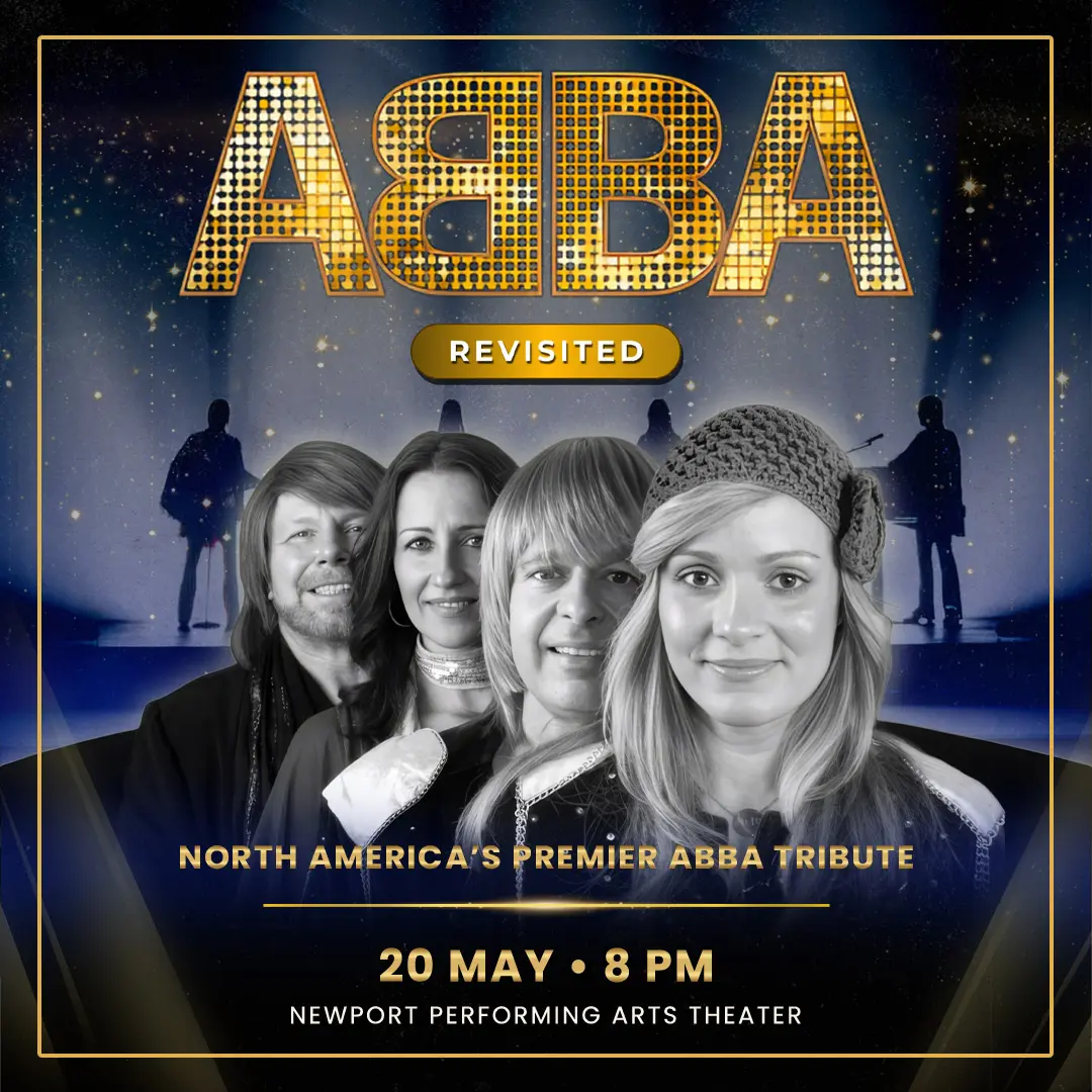ABBA Revisited concert poster with a gold glitter title and four grayscale performers; event on May 20 at 8 PM, Newport Performing Arts Theater.