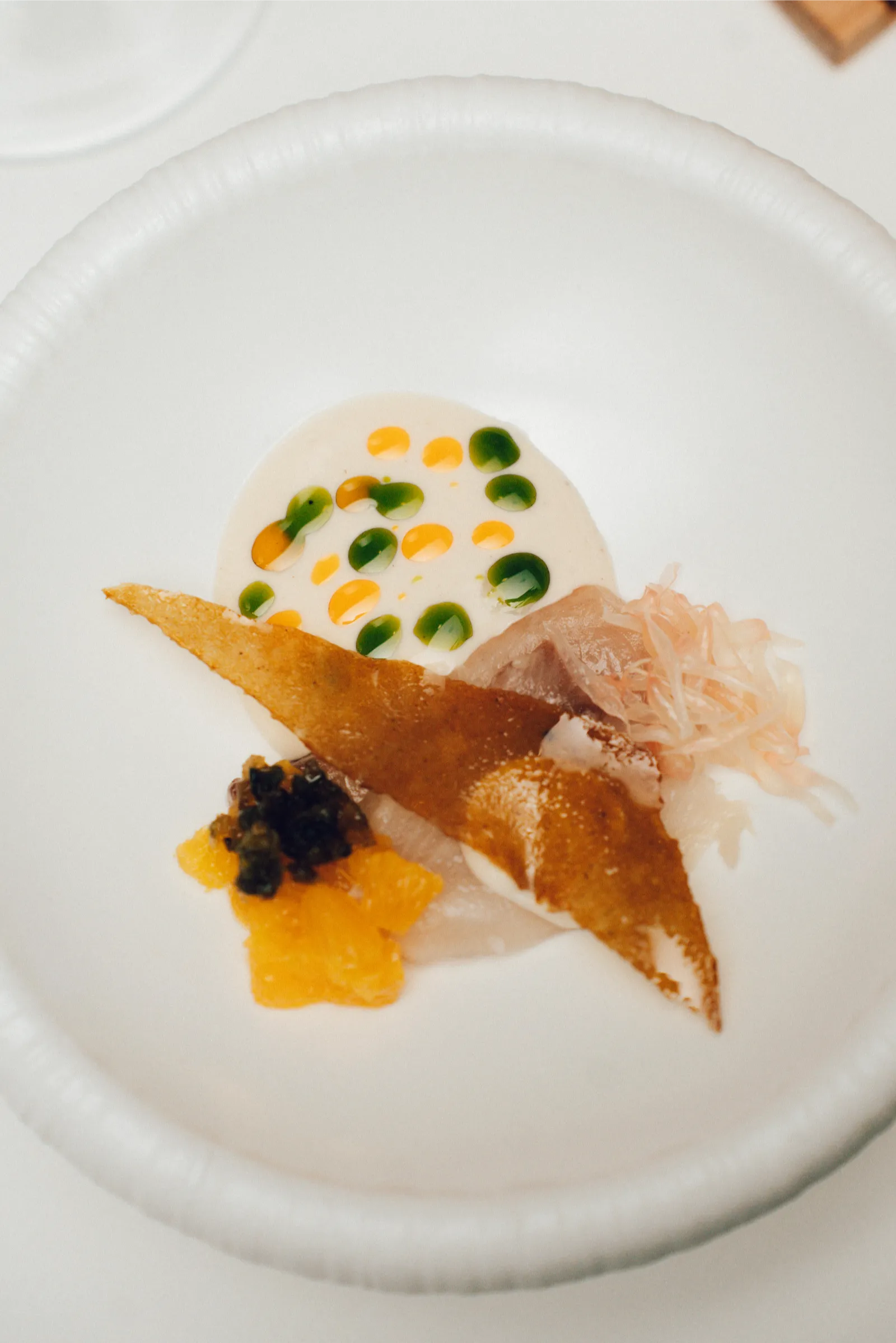 Close-up of a white plate featuring a pale round cracker with yellow and green dot decoration, plus a crispy shard and shredded ham.