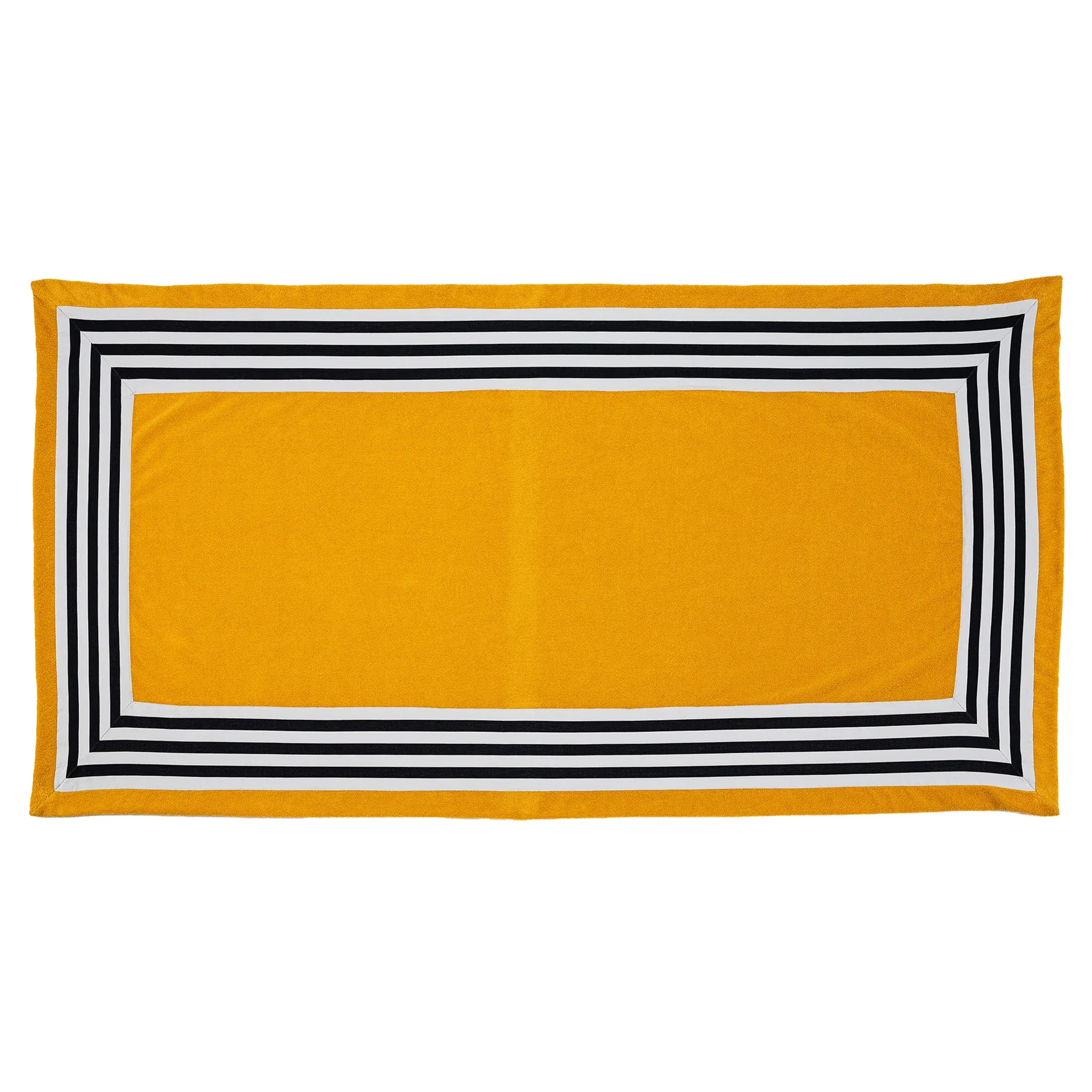Close-up of an orange cushion with a black-and-white striped border on a white background.