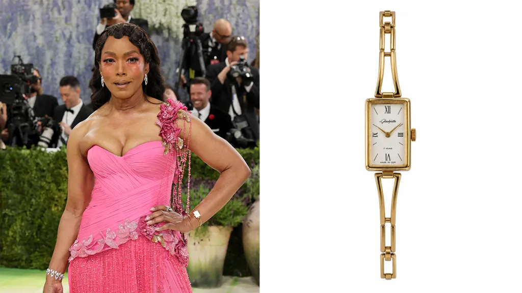 Left: woman in a bright pink strapless gown at a red-carpet event; right: gold rectangular wristwatch with a slim link band and white dial.