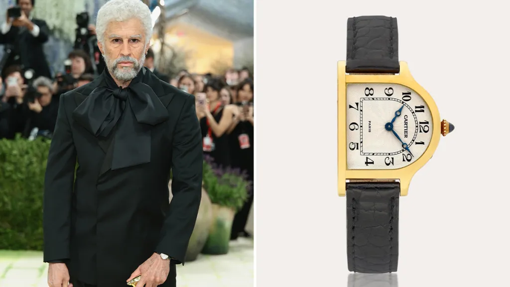 Left: gray-haired man in a black suit with a large bow on the red carpet; right: gold Cartier wristwatch with a black leather strap.