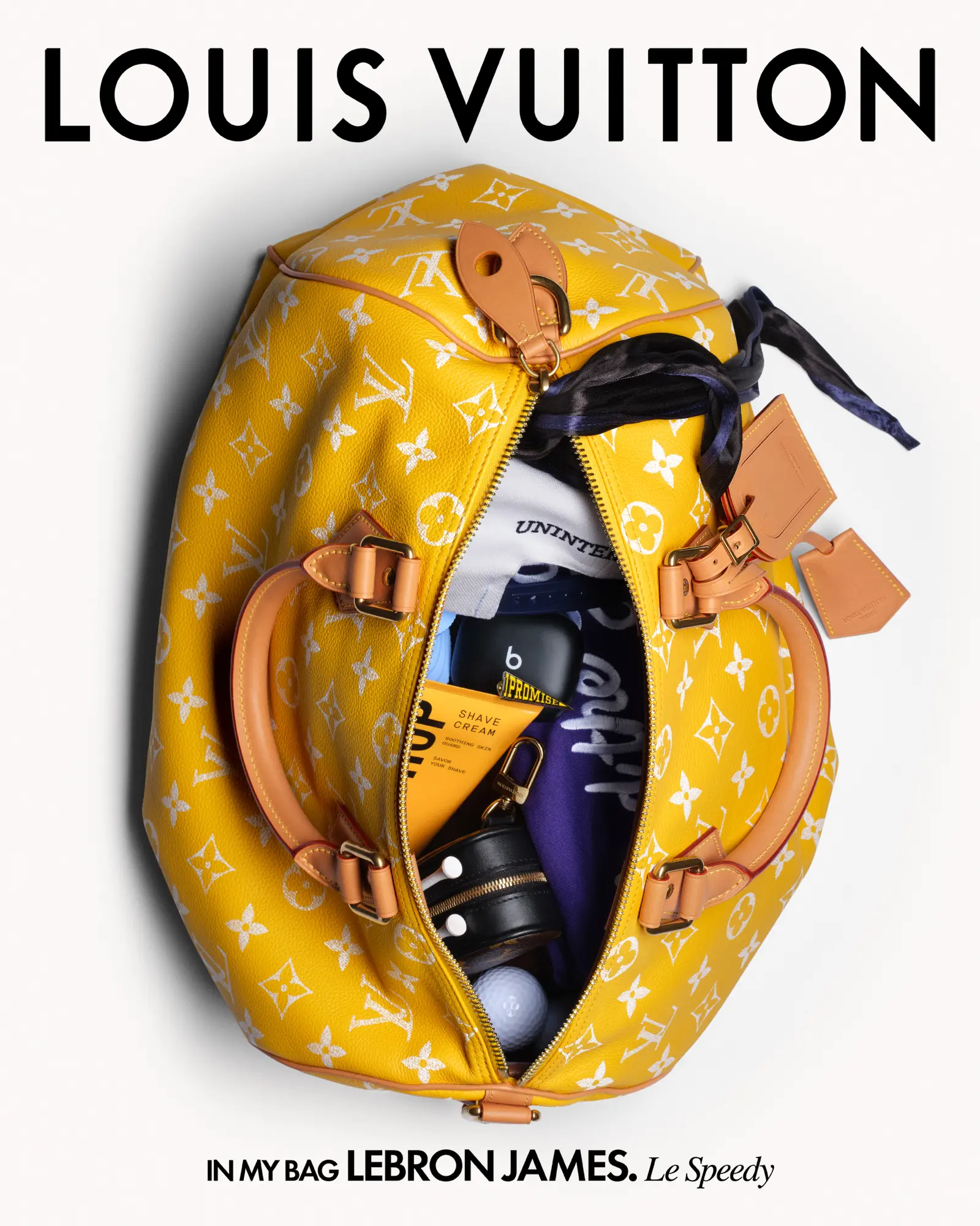 Yellow Louis Vuitton monogram backpack opened to reveal items inside, with LeBron James promotion text at the bottom