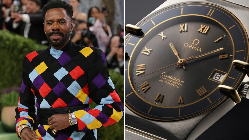 Collage: left panel shows Will Smith in a bright multicolor argyle sweater at a red carpet event; right panel is a close-up of a gold Omega Constellation watch with Roman numerals and date.