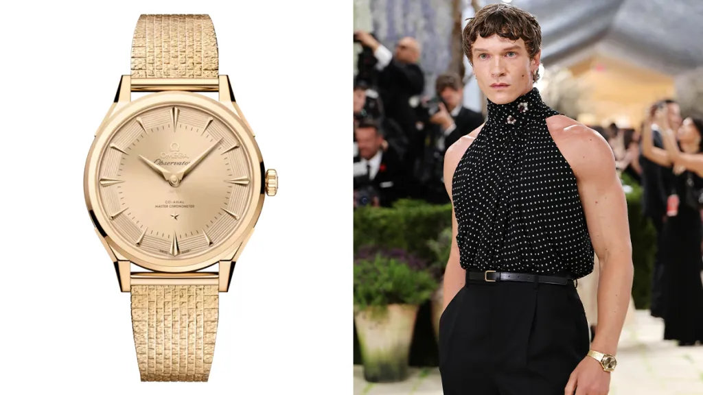 Gold wristwatch with a textured metal band and round gold face shown against a white background, front view of the timepiece.