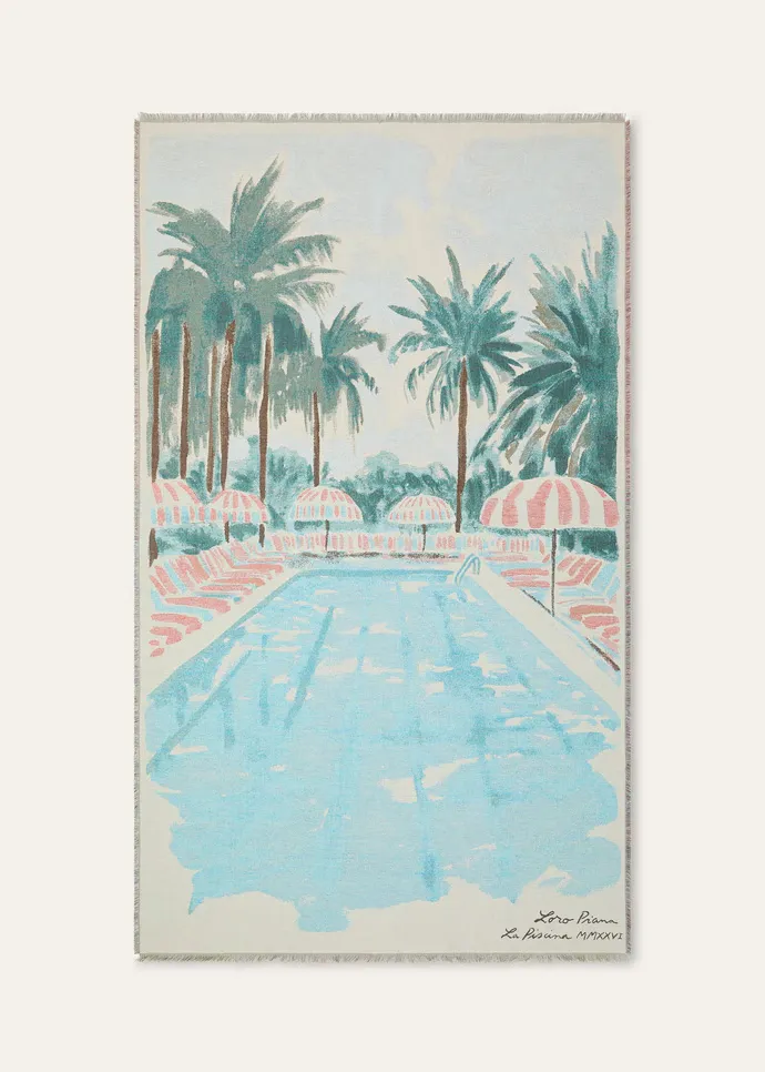 Art print of a tropical pool scene with tall palm trees, pink striped umbrellas, and sun loungers along the pool edge.