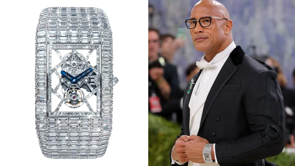 Diamond-studded rectangular wristwatch with exposed gears and blue hands, fully encrusted with clear stones on a white background.
