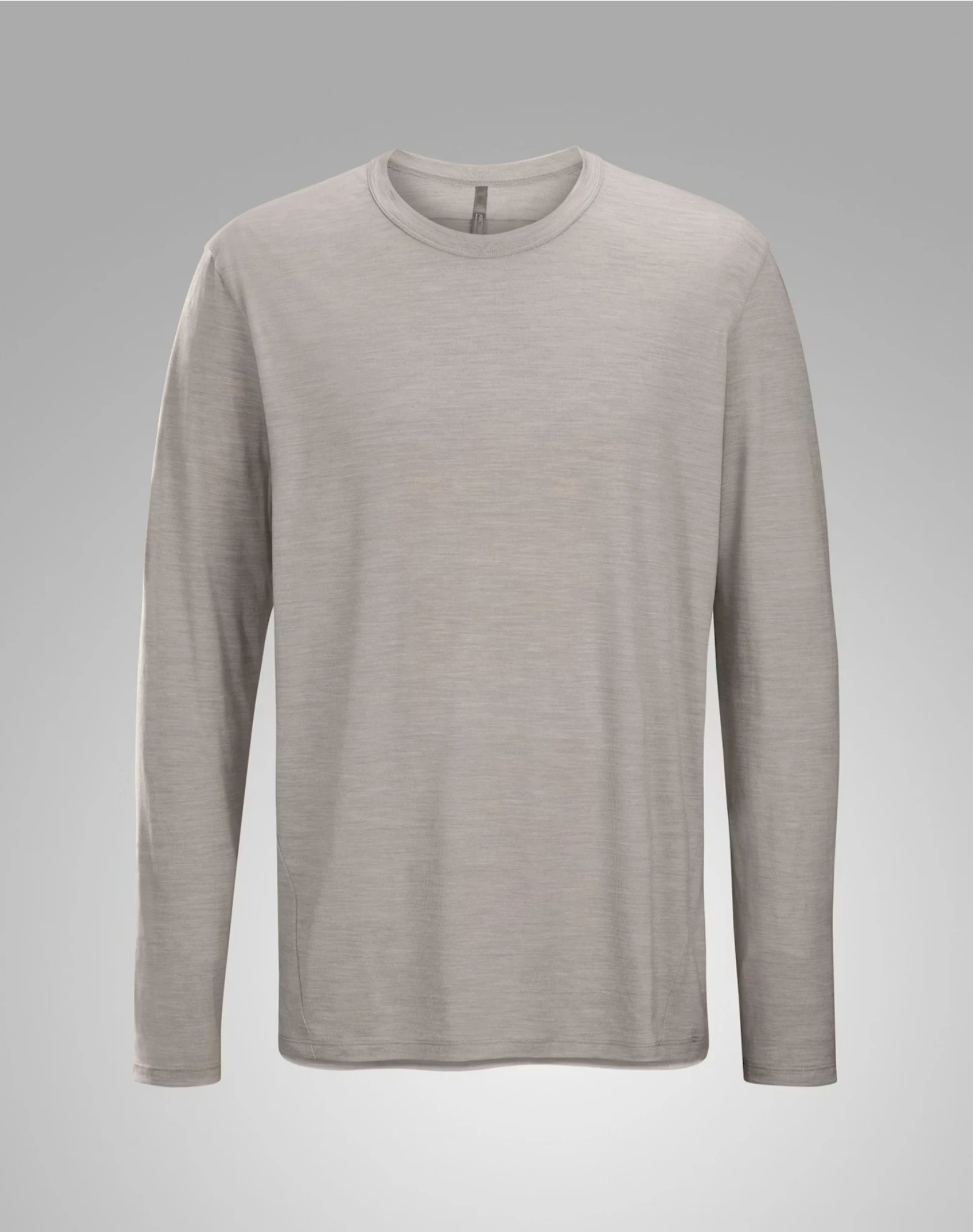 Light gray heathered long-sleeve crewneck sweater on a neutral backdrop, shown from chest to hips.