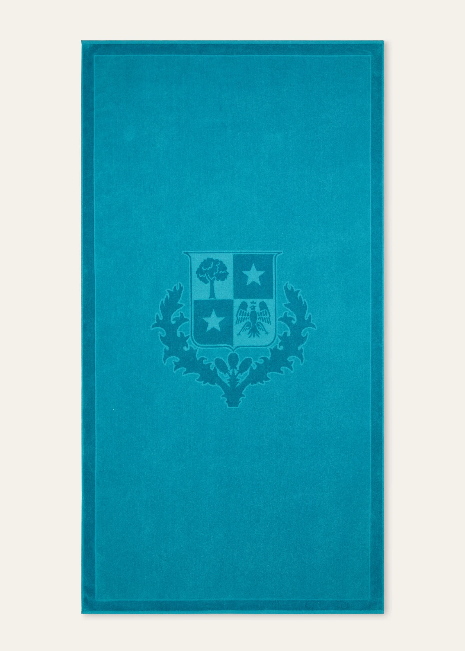 Teal hardcover book cover featuring an embossed heraldic crest in the center.