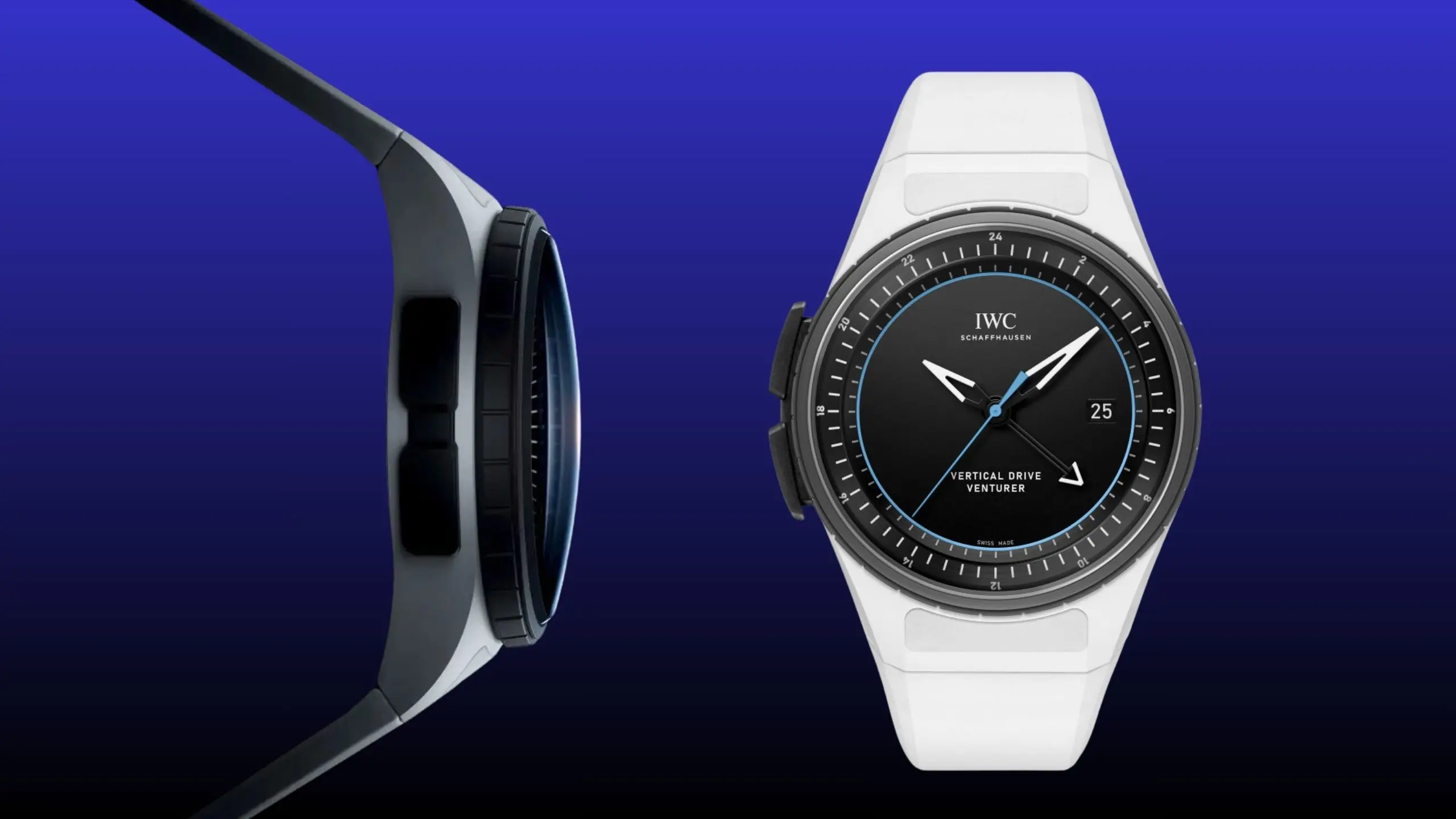 Close-up of a black-dial wristwatch with a white strap, shown from the side against a blue gradient background.