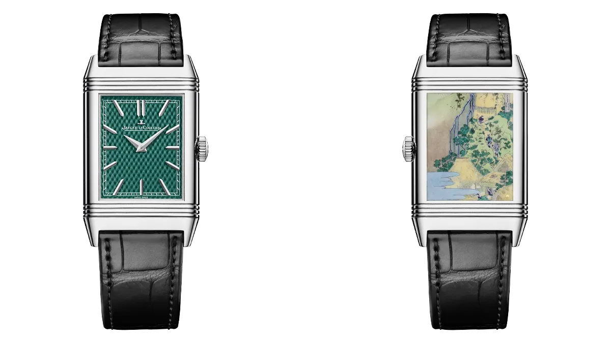 Two Jaeger-LeCoultre Reverso watches on black leather straps, left with a green textured dial and right with an artsy panel on the dial