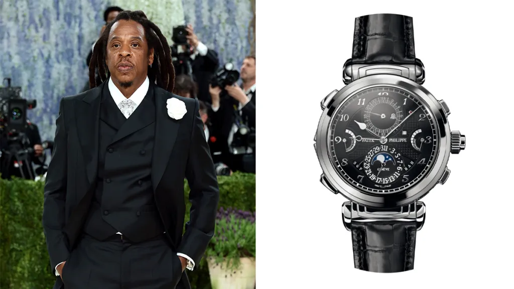 Man in a black tuxedo at a formal event beside a luxury silver wristwatch with a black leather strap.