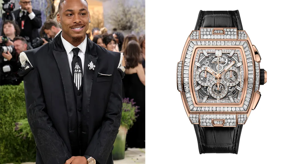 Left: a man in a black tuxedo at a formal event, smiling for the camera; right: a rose-gold skeleton watch encrusted with diamonds and a black leather strap