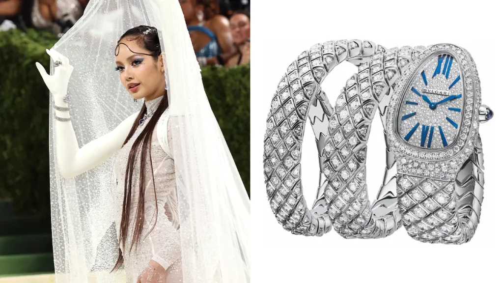 Woman in a sheer white wedding dress and veil posing outdoors, with long dark hair styled and jewelry visible in the background (left panel). The right panel shows a diamond-encrusted Bvlgari Serpenti watch with a coiled, snake-like bracelet and blue-accented face.