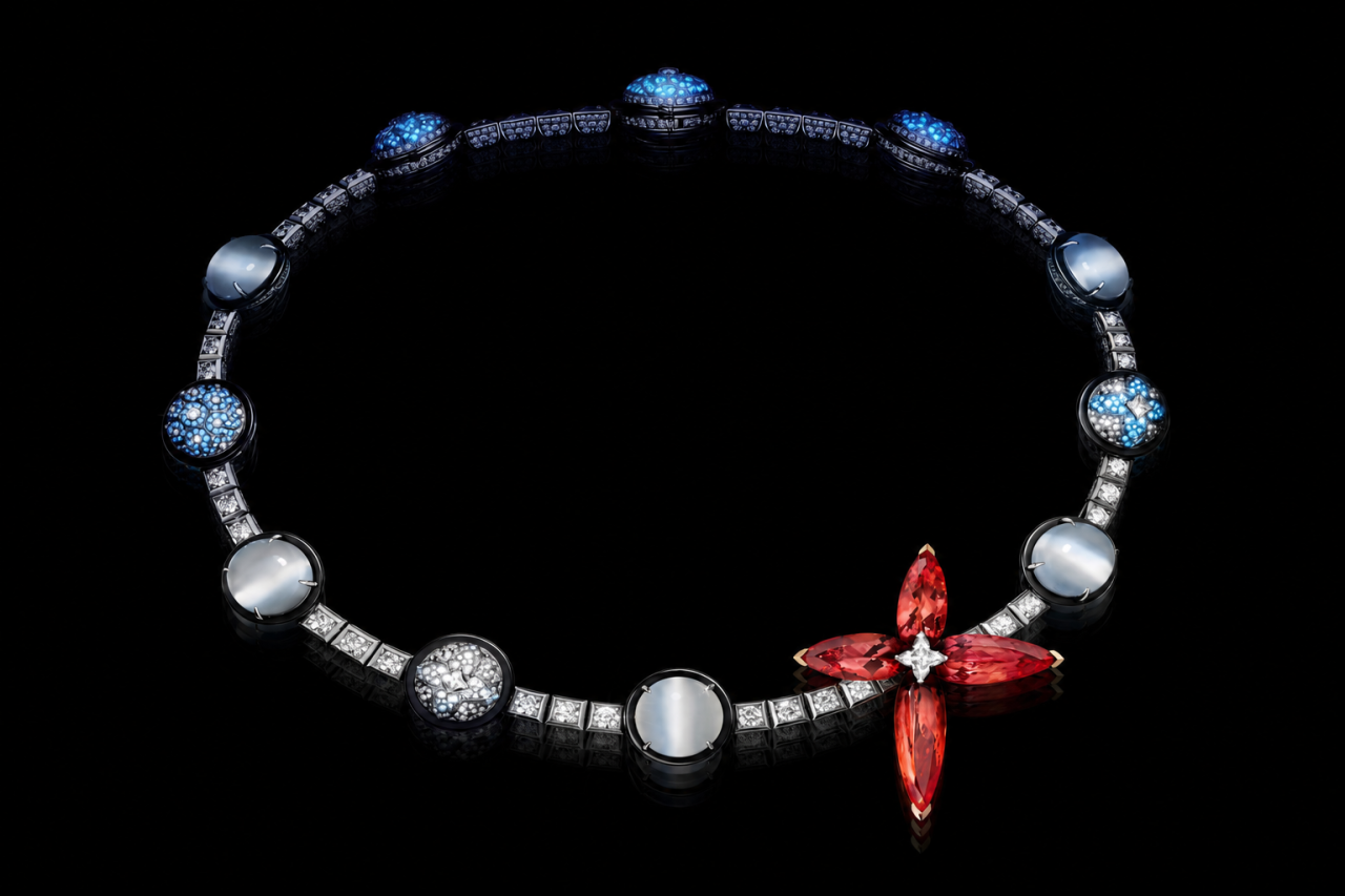 Elegant bracelet with alternating blue and clear stones, plus a red gemstone flower accent on the side, set against a black background.
