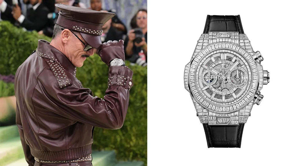 Left panel: a man in studded brown leather with a cap tipping his hat; right panel: a diamond-encrusted luxury wristwatch with a black strap.