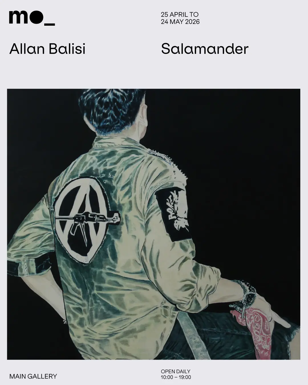 Exhibition poster for Allan Balisi and Salamander (Apr 25–May 24, 2026) showing a person from behind in a patched jacket against a light gray background.