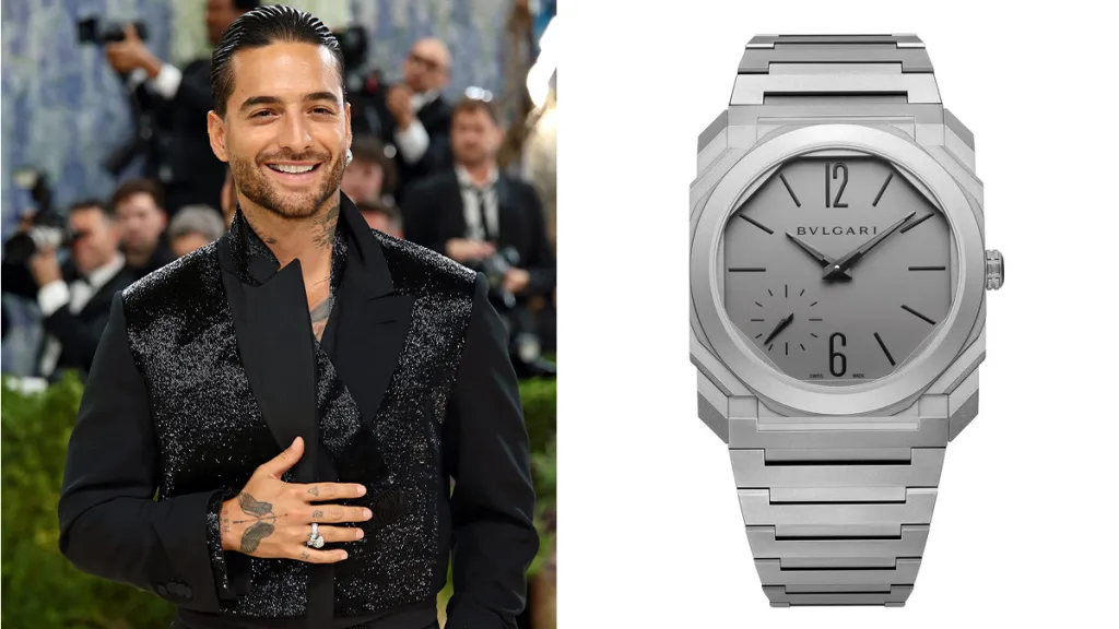 Collage showing a man in a black glittery jacket posing at a event, alongside a silver Bulgari wristwatch, highlighting luxury style accessory.