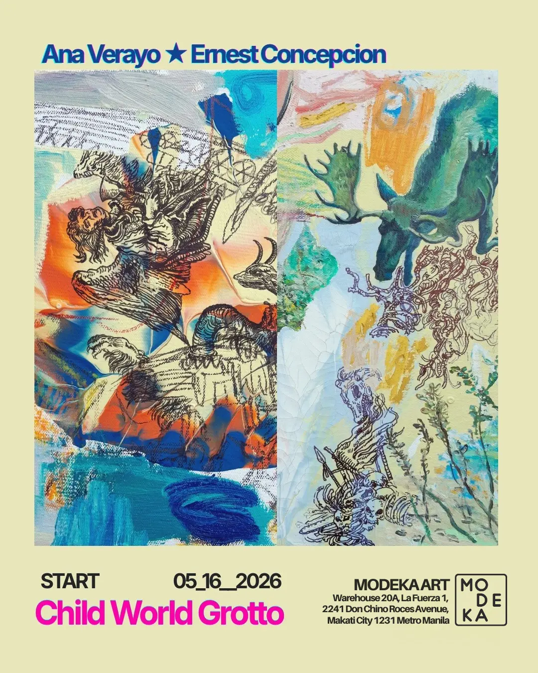 Poster advertising an art show by Ana Verayo and Ernest Concepcion with a colorful abstract collage; date May 16, 2026 and venue Modekaart, Makati City/Makati area mentioned on poster.
