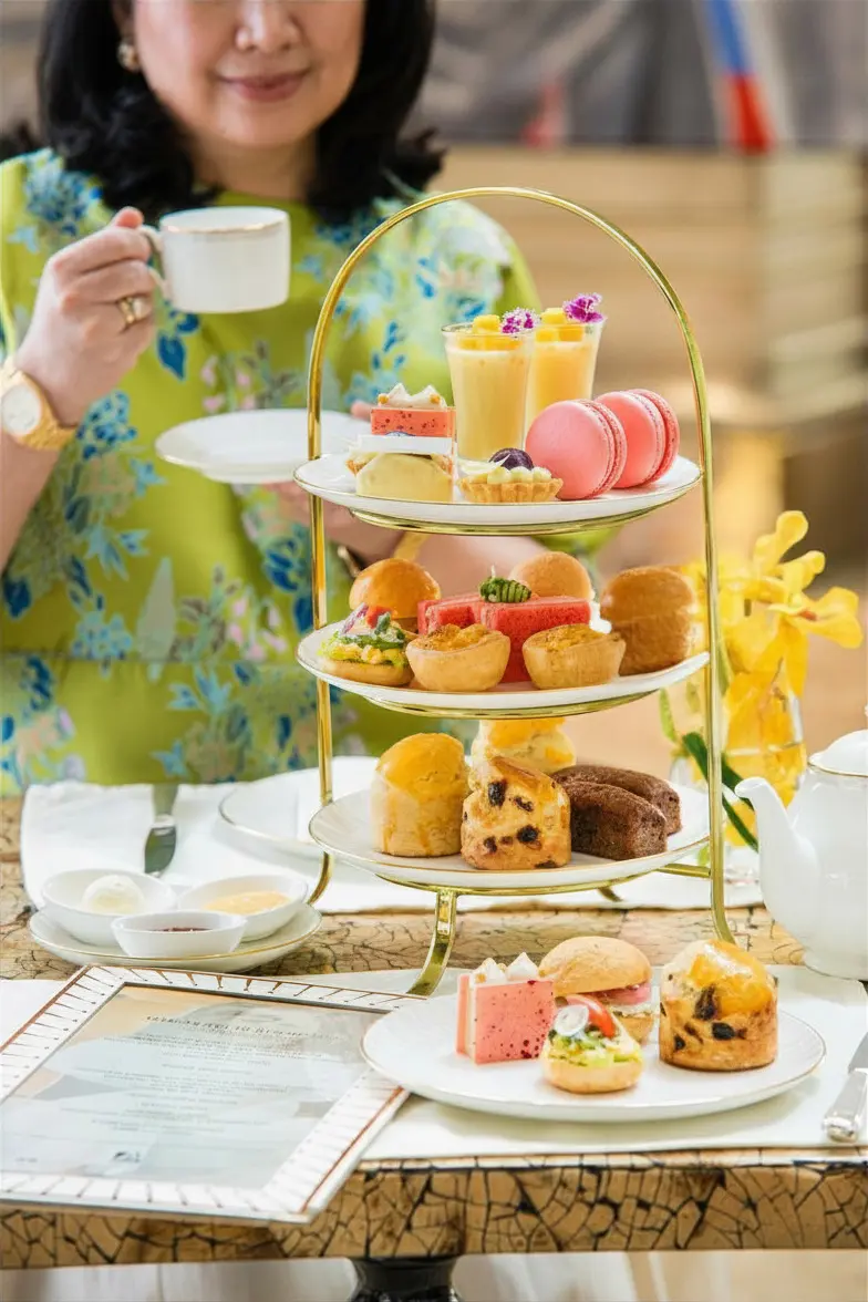 Woman in a green floral dress holds a teacup beside a gold, three-tiered platter of pastries, macarons and drinks at a tea service.