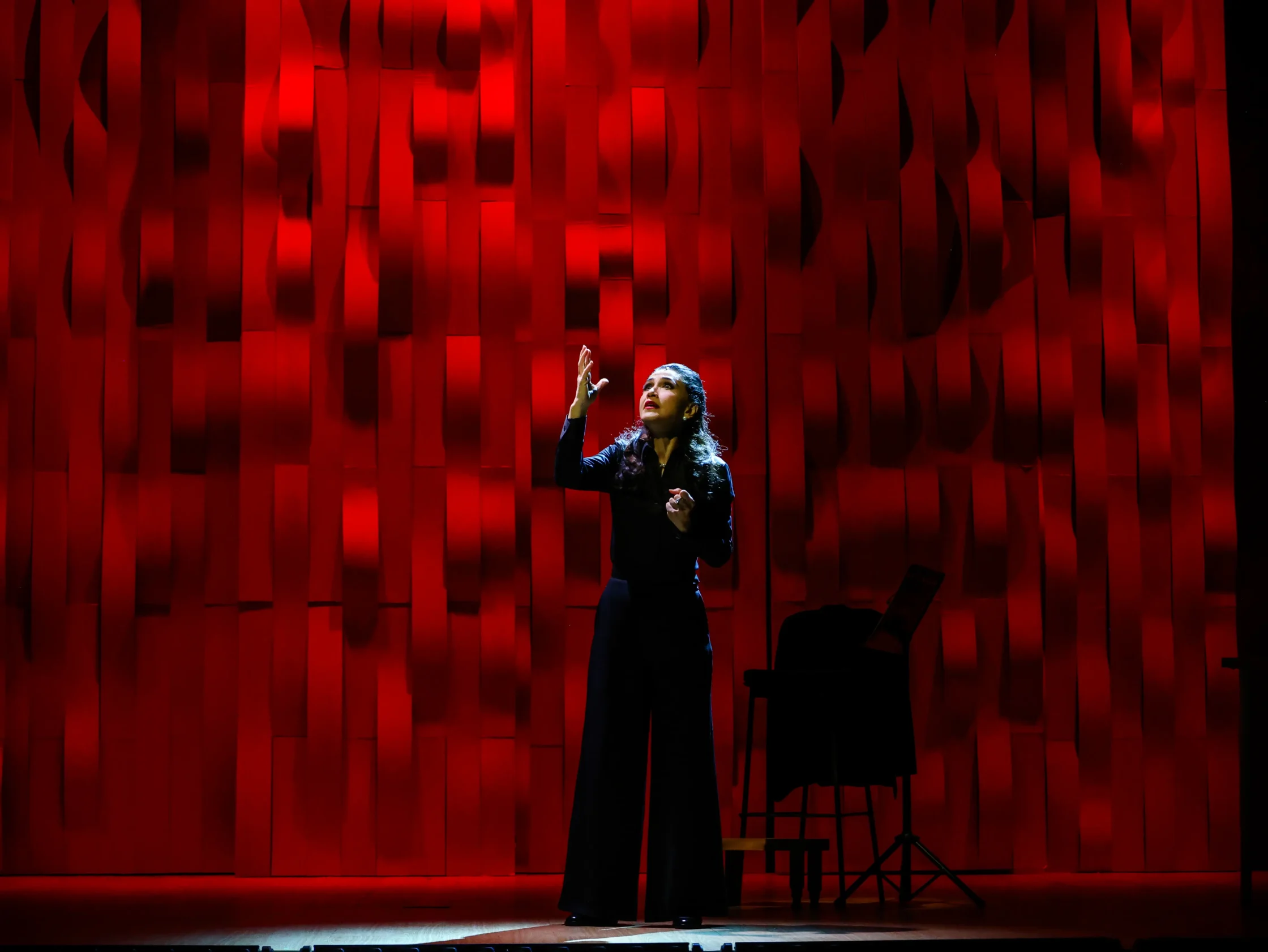Female singer on a red-lit stage, one hand raised toward the audience with a dark backdrop of vertical panels.