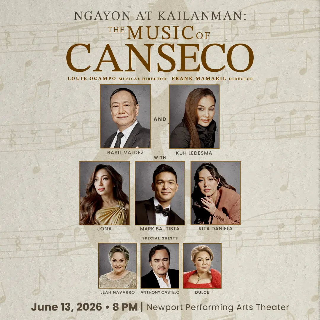 Poster for Ngayon at Kailanman: The Music of Canseco, featuring Basil Valdez, Kuh Ledema, Jona, Mark Bautista, Rita Daniela, Leah Navarro, Anthony Castelo, and Dulce; June 13, 2026 at Newport Performing Arts Theater.
