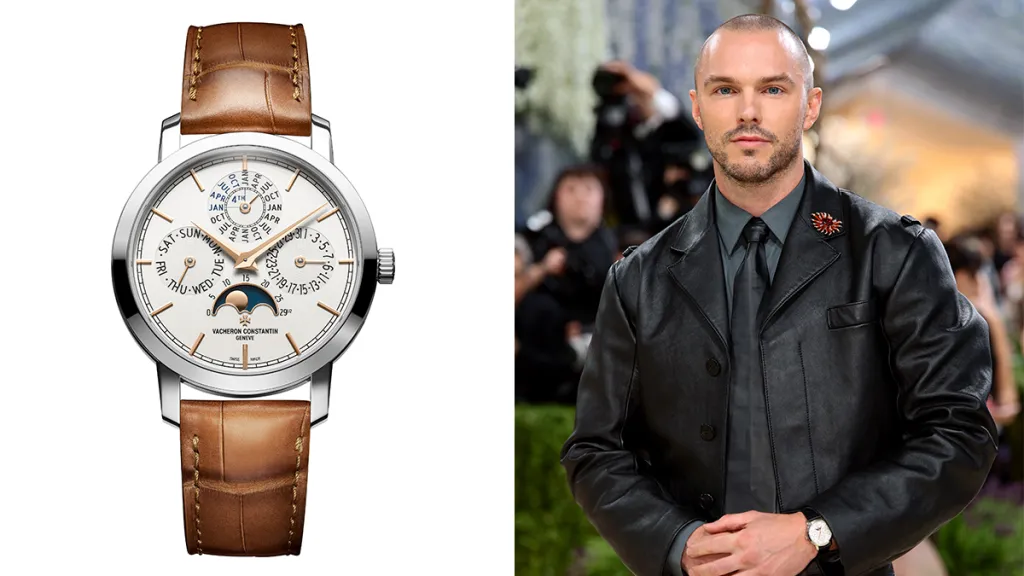 Left: luxury dress watch with white dial and brown leather strap; right: man in a black leather jacket wearing a wristwatch.