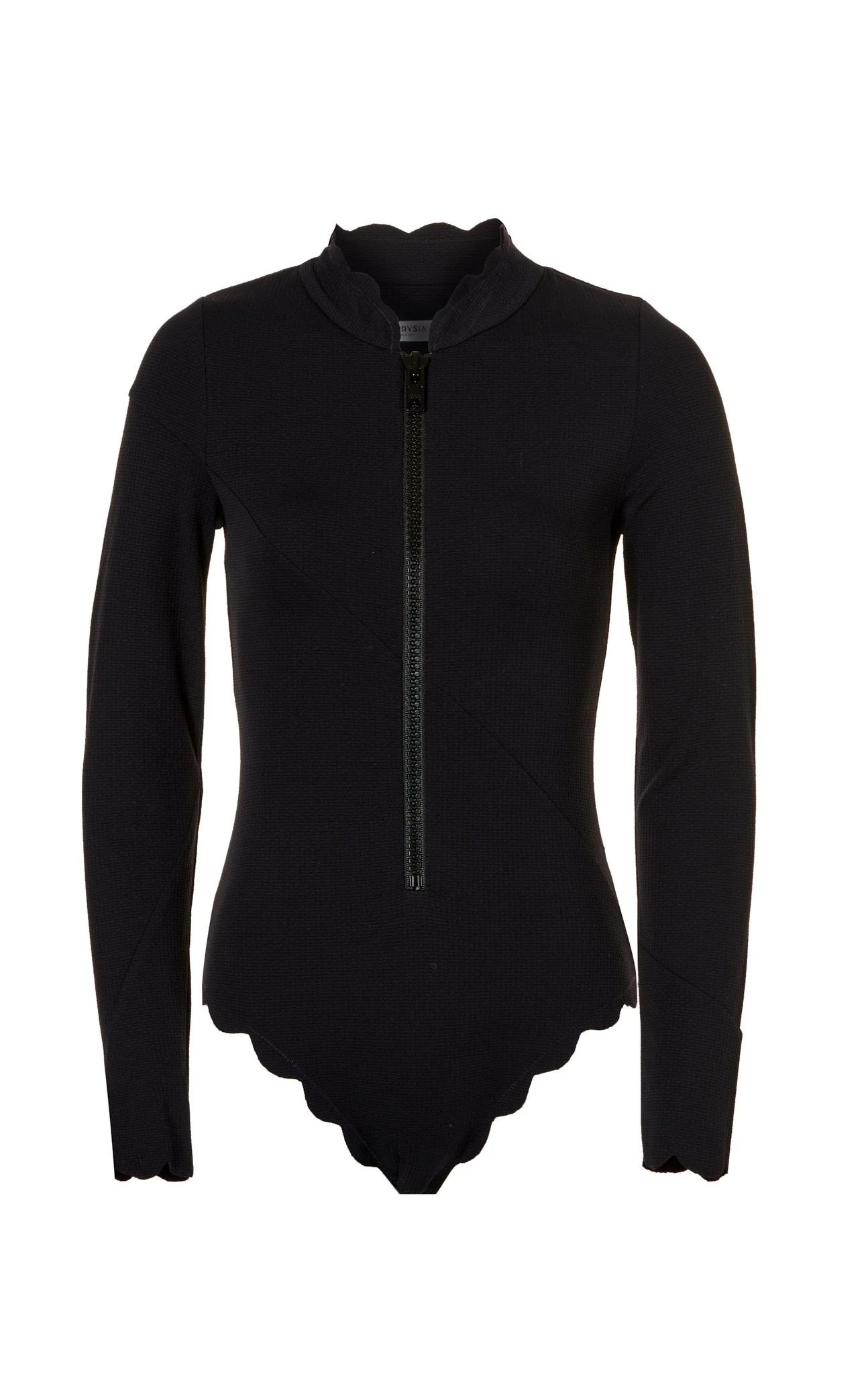 Black long-sleeve zip-front top with scalloped hem and stand collar (knit fabric)