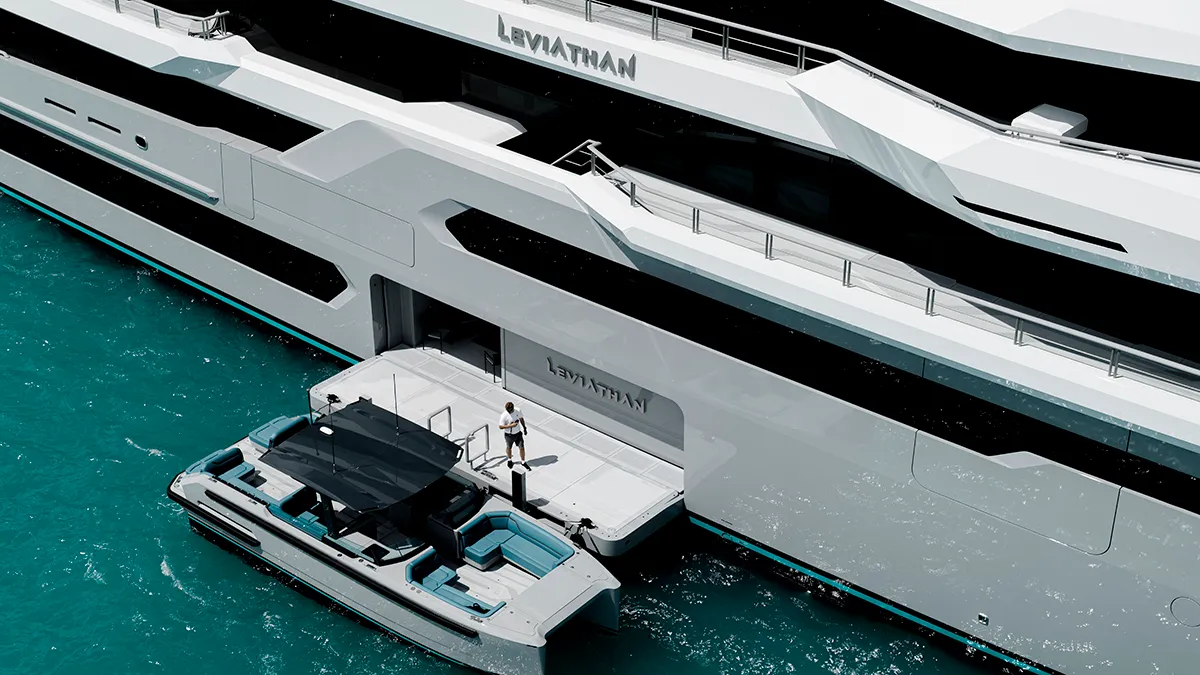 The fold-out deck and tender on the Leviathan, the gigayacht owned by billionaire gaming developer Gabe Newell.