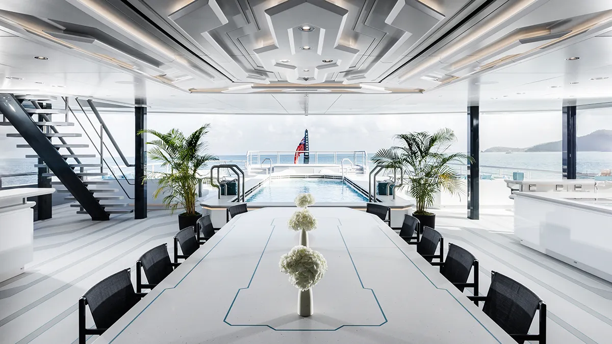 The communal dining area on the gigayacht Leviathan, owned by billionaire gaming developer Gabe Newell.
